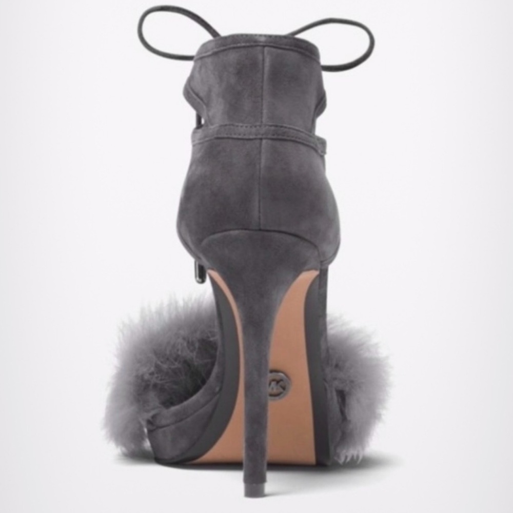 BRAND NEW MICHAEL MICHAEL KORS REMI RABBIT FUR LINES GRAY SUEDE HEELS SI… - Picture 3 of 9